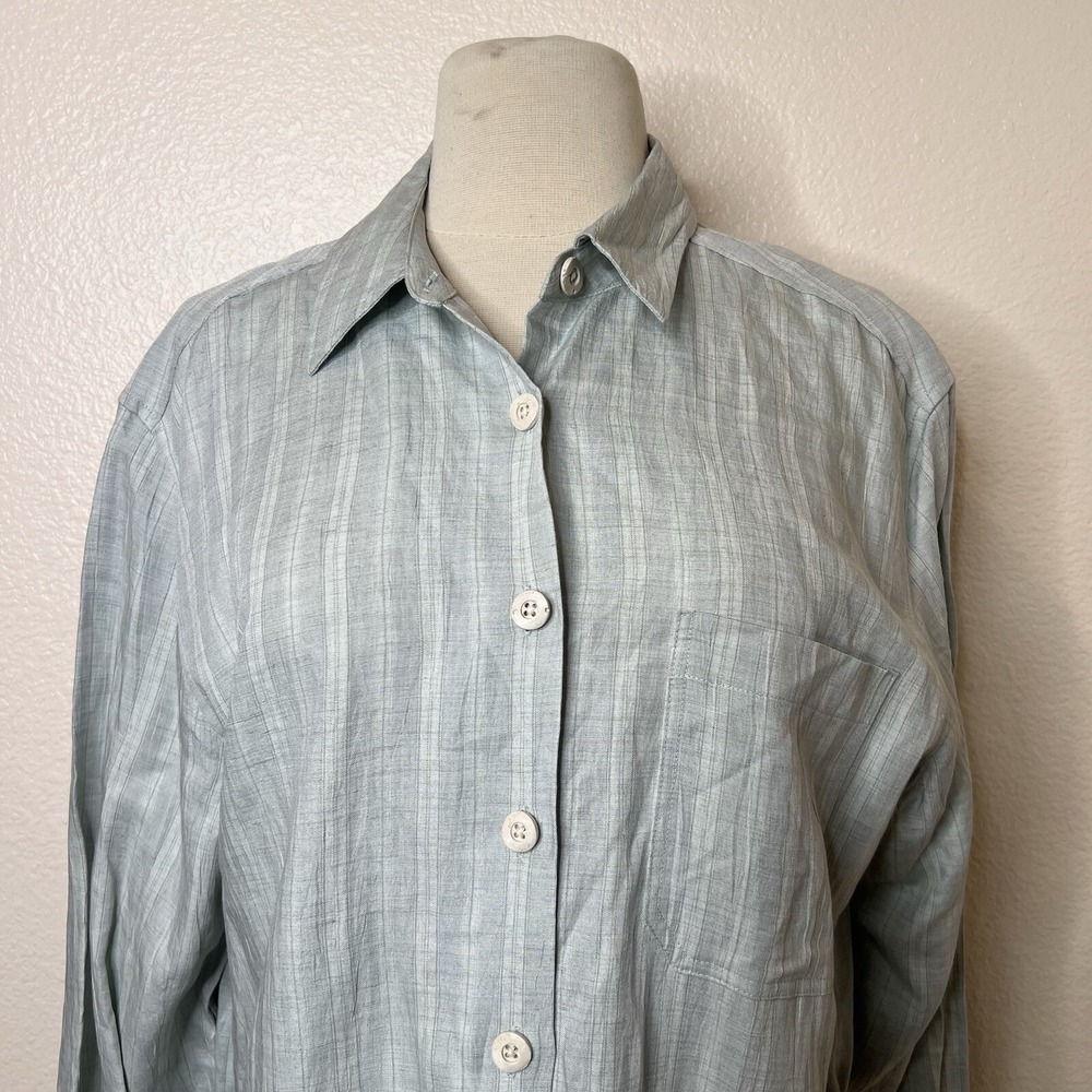 J Jill Womens Medium Gray Linen Striped Tunic Top Lagenlook Relaxed Long Sleeve